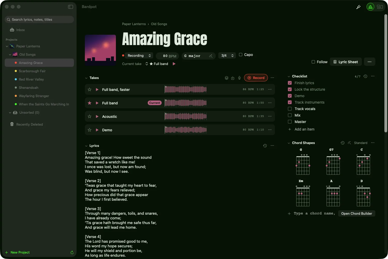 A song page in Bardpot on the Mac, with lyrics, chords, a checklist and recorded takes